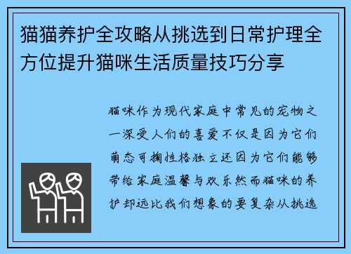 猫猫养护全攻略从挑选到日常护理全方位提升猫咪生活质量技巧分享